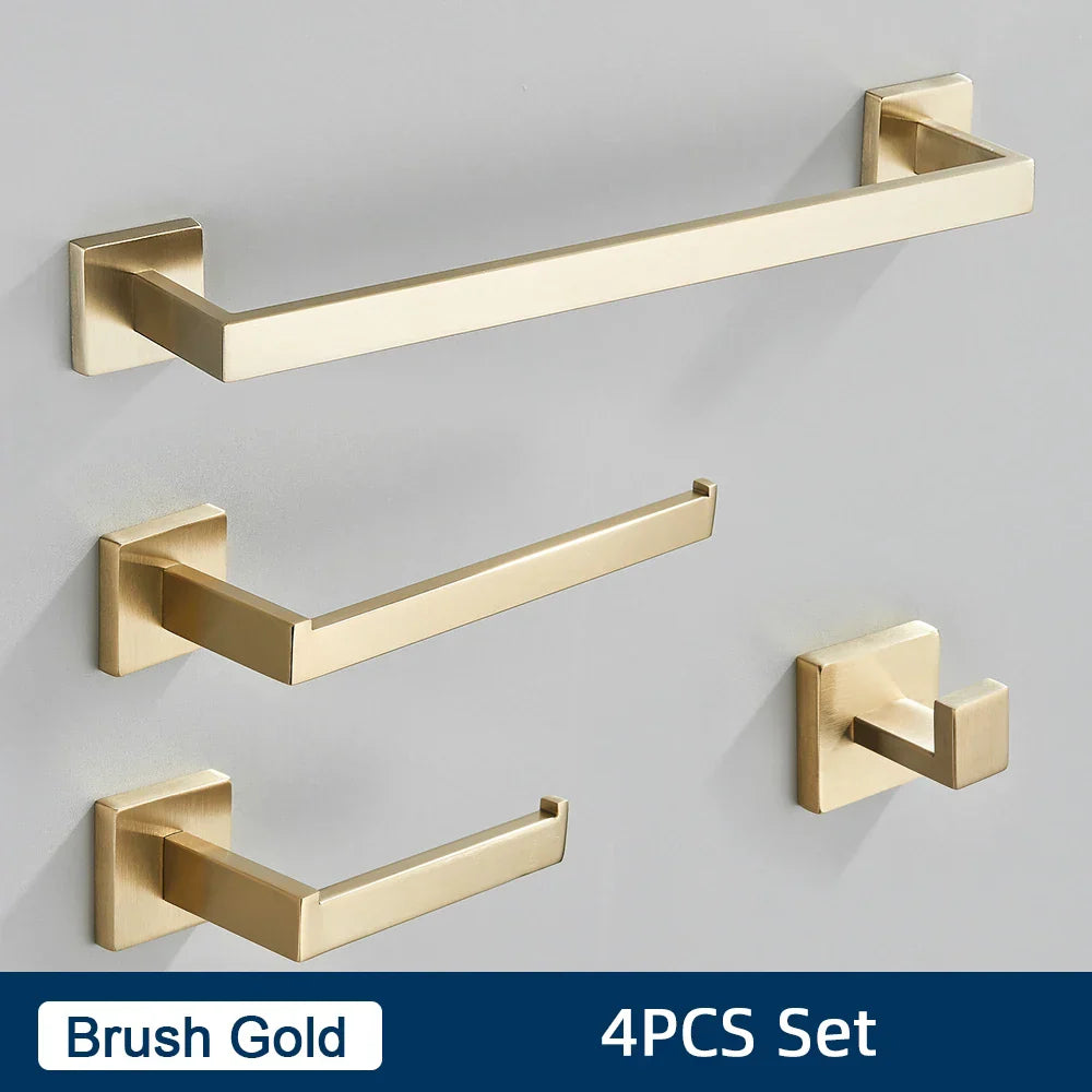 DecorBites™ Brushed Gold Stainless Steel Bathroom Accessories Set: Toilet Wall Towel Bar, Paper Holder, Hook