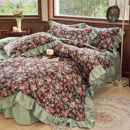 Decobites Princess Ruffles Rose Flowers Bedding Set with Pillowcase - 4Pcs