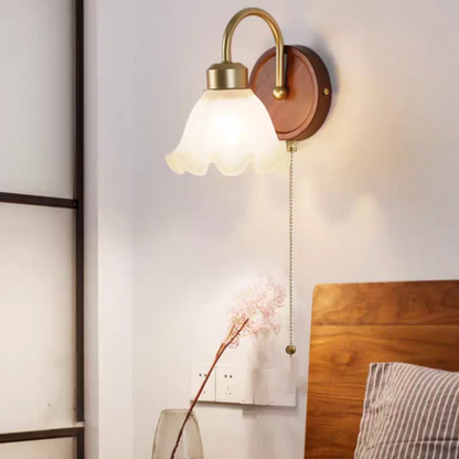 DecorBites™ LED Wall Light Glass Fixture Pull Chain Switch Wood Bedside Sconce