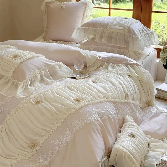 Decobites Rose Lace Ruffles Princess Wedding Bedding Set with 1000TC Egyptian Cotton