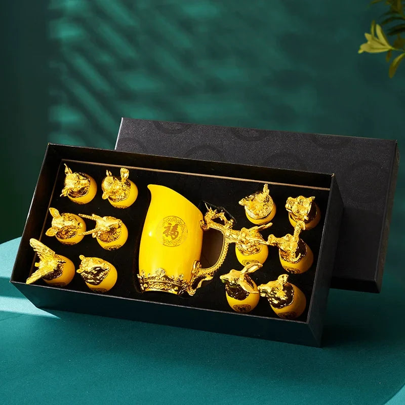 DecorBites™ Gold Twelve Animal Head Ceramic Wine Shot Glasses Set for Home Decoration