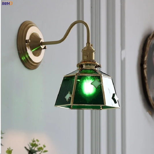 DecorBites™ Green Glass LED Wall Sconce Copper Knob Switch Vintage Loft Stair Light