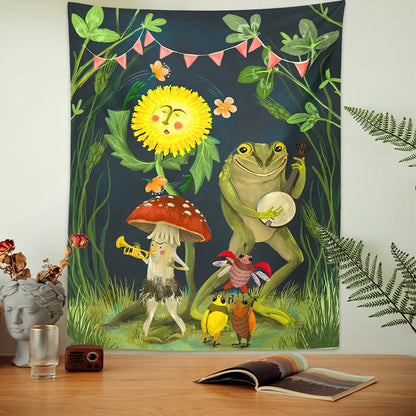 Frog Mushroom Tapestry Wall Hanging by Decobites: Psychedelic Forest Animals Gathering Art Home Decor