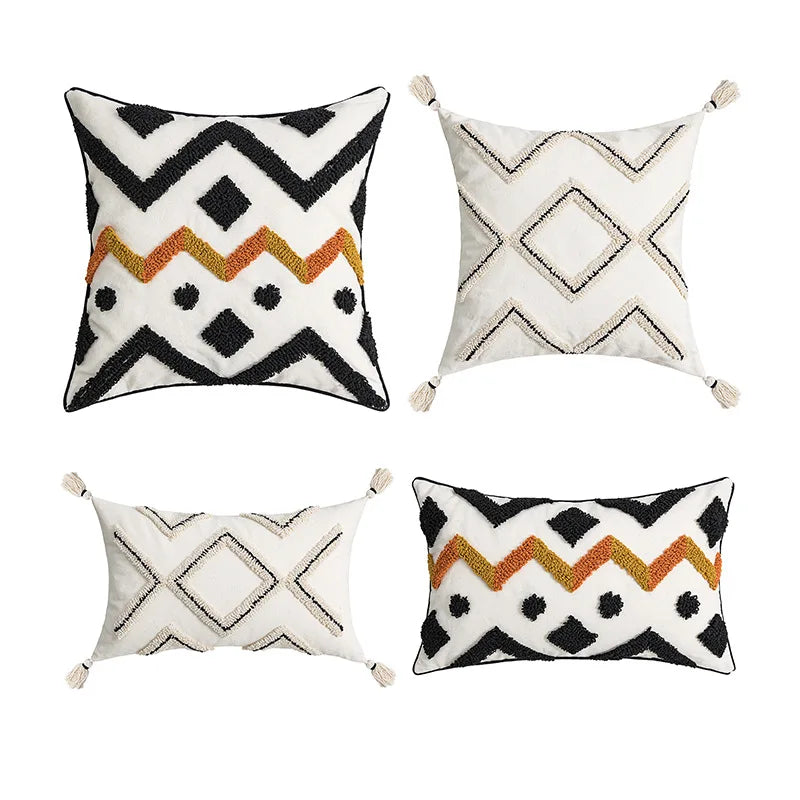 DecorBites™ Ethnic Style Black Tassel Cushion Cover for Modern Home Sofa Décor