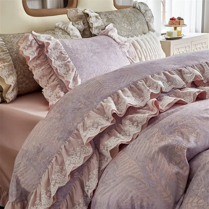 Decobites Purple Vintage Lace Ruffles Bedding Set with Egyptian Cotton Duvet Cover