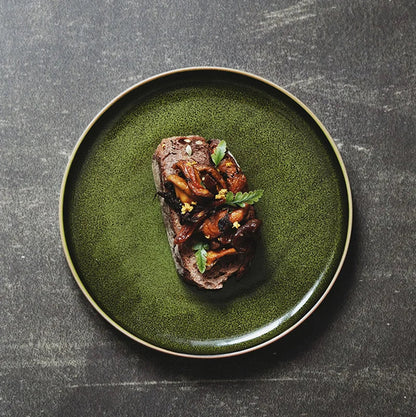 DecorBites™ Green Ceramic Dinner Plate - Retro Shallow Pasta Plate, Salad Sushi Plate, Steak Plate - Set of 4