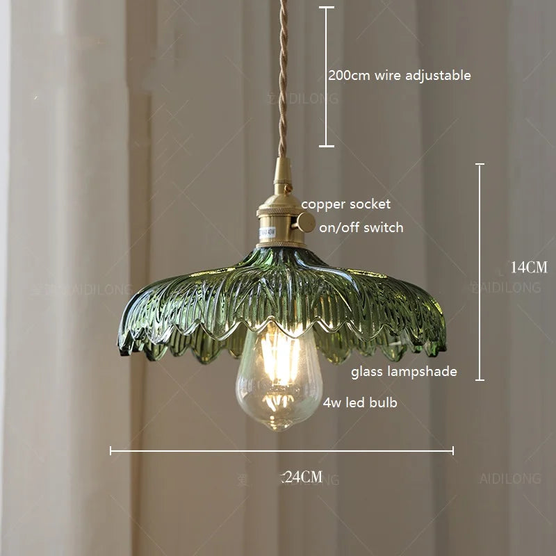 DecorBites™ Green Glass LED Pendant Lamp with Copper Wood Handle for Modern Nordic Home Decor