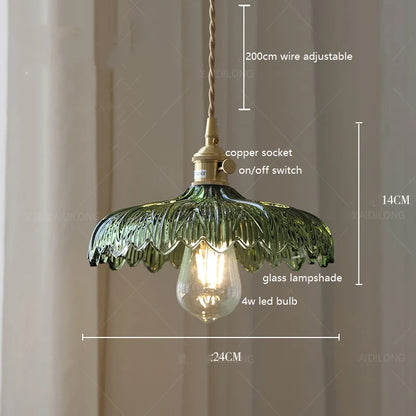 DecorBites™ Green Glass LED Pendant Lamp with Copper Wood Handle for Modern Nordic Home Decor