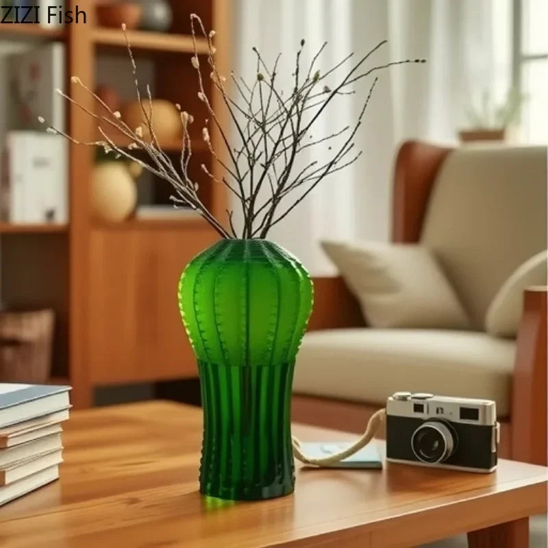 DecorBites™ Cactus Frosted Glass Vase Table Decoration Artificial Flower Arrangement
