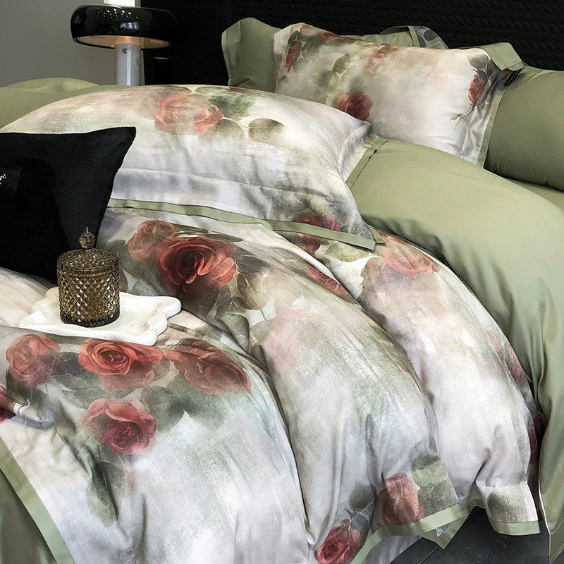 Decobites Vintage Rose Print Bedding Set: Duvet, Bed Sheet, Pillowcases