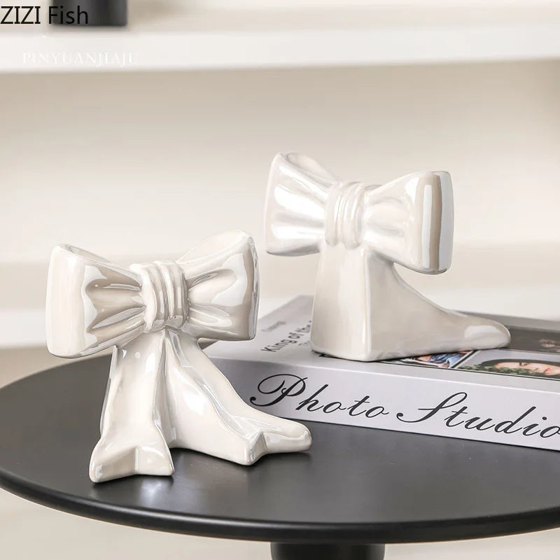 DecorBites™ Bowknot Ceramic Vase: Shiny Porcelain Floral Decor for Aesthetic Rooms