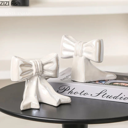 DecorBites™ Bowknot Ceramic Vase: Shiny Porcelain Floral Decor for Aesthetic Rooms