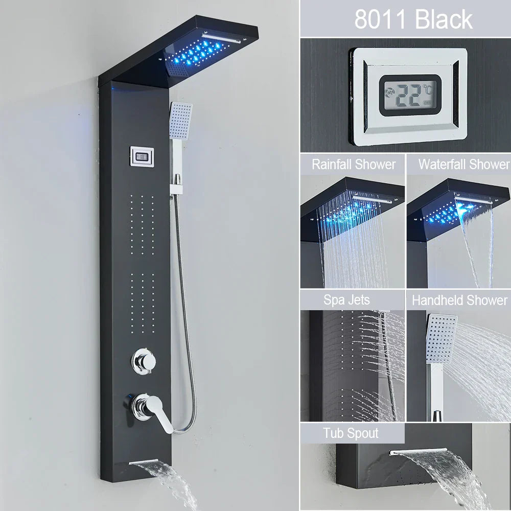 مجموعة دش مطري DecorBites™ أسود بإضاءة LED وشلال مع نفاثات تدليك