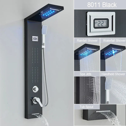 مجموعة دش مطري DecorBites™ أسود بإضاءة LED وشلال مع نفاثات تدليك