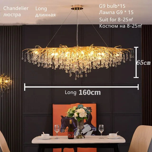 DecorBites™ Crystal Teardrop Gold Ceiling Chandelier for Elegant Living Room Bedroom Dining Kitchen