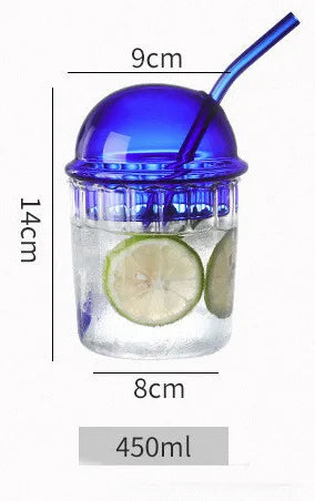 DecorBites™ 450ml Striped Glass Cup with Lid and Straw, Ideal for Coffee, Juice, Milk, or Tea