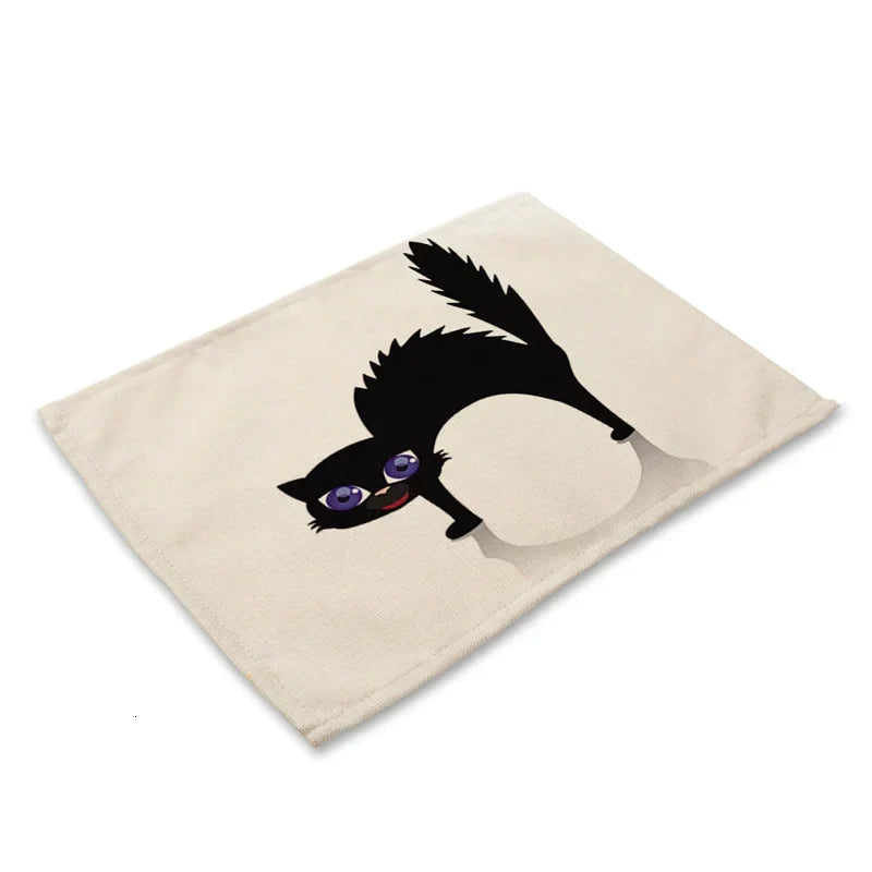 DecorBites™ Black Cat Linen Placemat Set for Dining Table & Kitchen Decor