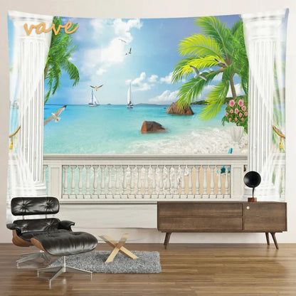 Scenic Sunset Palm Tree Tapestry by Decobites - Boho Beach Landscape Bedroom Decor