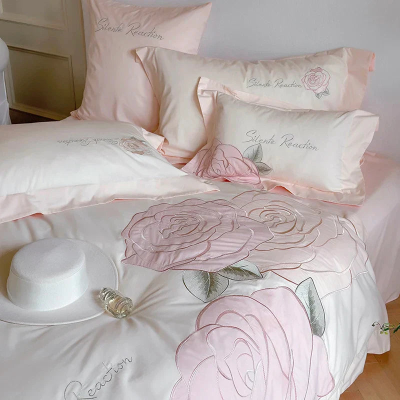 Decobites Pink Rose Applique Cotton Embroidery Bedding Set 500TC Soft Skin-friendly Duvet Cover