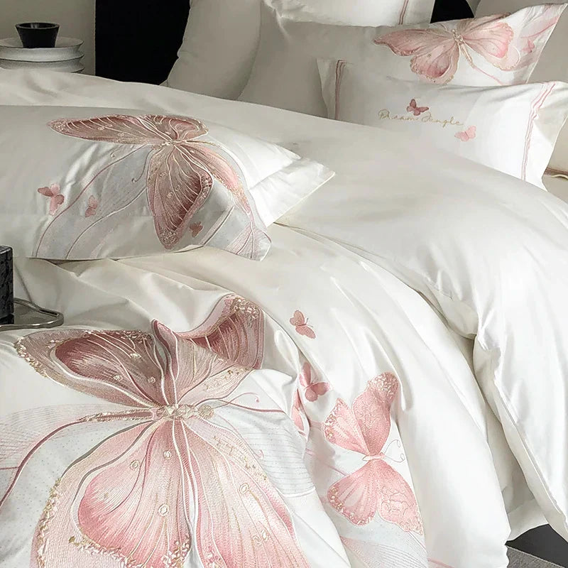 Decobites White Luxury Butterfly Embroidery Bedding Set - Queen King Size