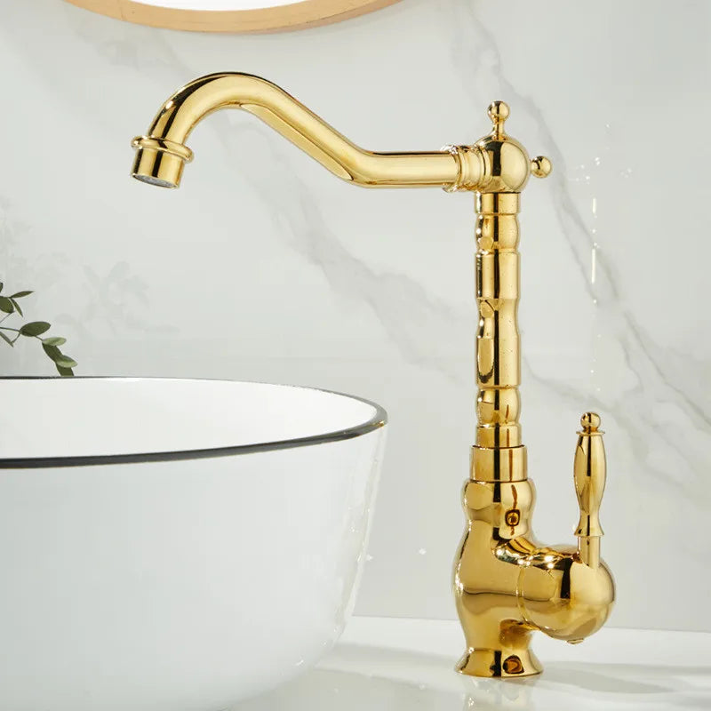 Grifo de Lavabo de Palangana de Oro Decorbites™ Manija Única Grifo Mezclador de Agua Caliente y Fría