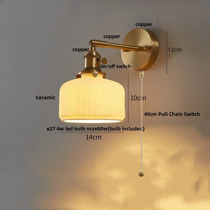 DecorBites™ Ceramic LED Wall Sconce with Walnut Wood Pull Chain Switch - Nordic Style
