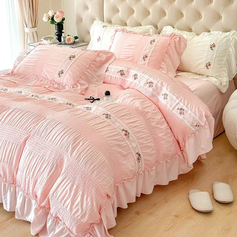 Decobites Princess Pink Lace Gauze Bedding Set Queen Duvet Cover Elegant Ruffled Comforter