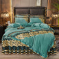 Decobites Black Gold Lace Duvet Set, Luxury Crystal Velvet, Quilted Embroidery, Ruffle Bedding