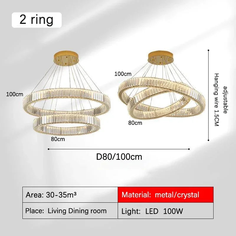 DecorBites™ Golden Crystal Chandelier: Nordic Modern Luxury LED Hanging Halo for Living Room