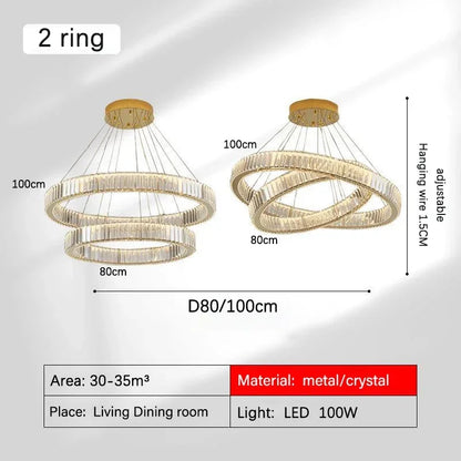 DecorBites™ Golden Crystal Chandelier: Nordic Modern Luxury LED Hanging Halo for Living Room