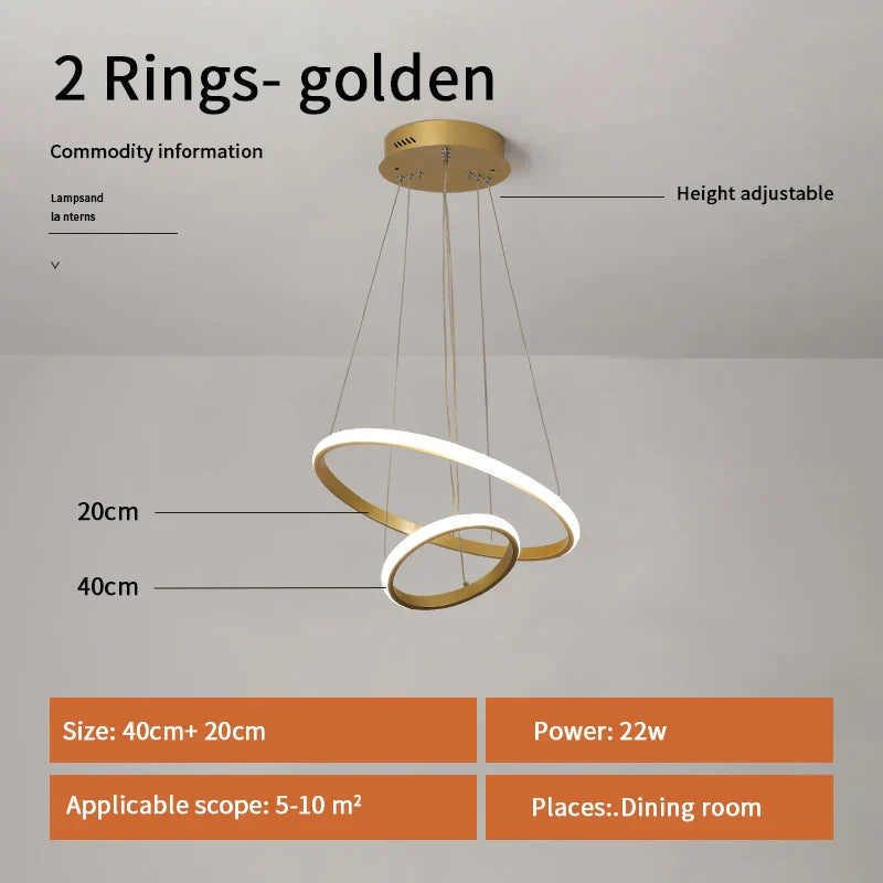 DecorBites™ Gold Circle Rings Chandelier LED Pendant Light for Living Room, Kitchen, Dining Room