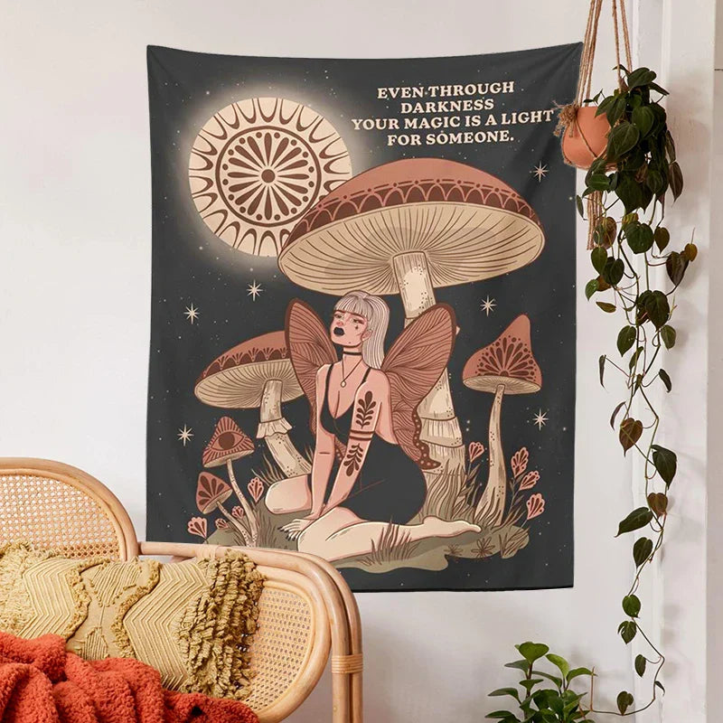 Decobites Psychedelic Mushroom Woman Tapestry Wall Hanging for Hippie Bohemian Decor