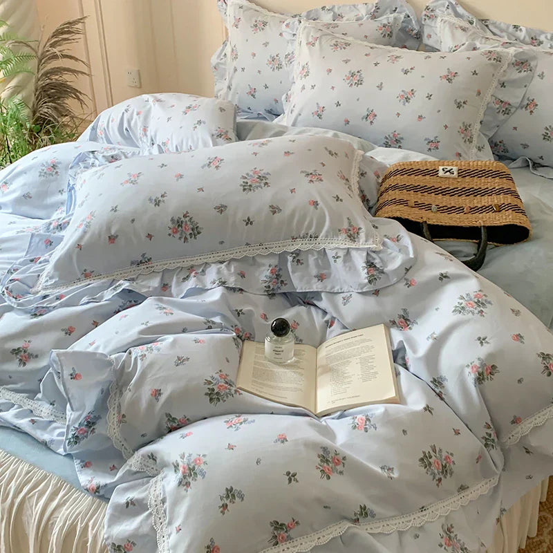 Decobites Lace Ruffles Floral Velvet Patchwork Duvet Cover Bedding Set