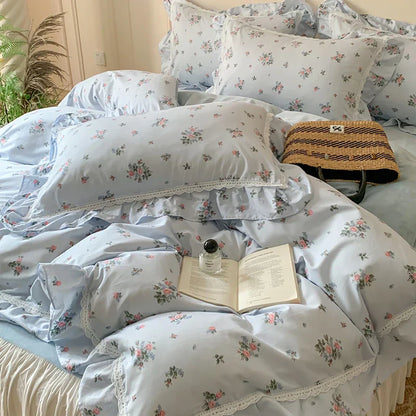 Decobites Lace Ruffles Floral Velvet Patchwork Duvet Cover Bedding Set