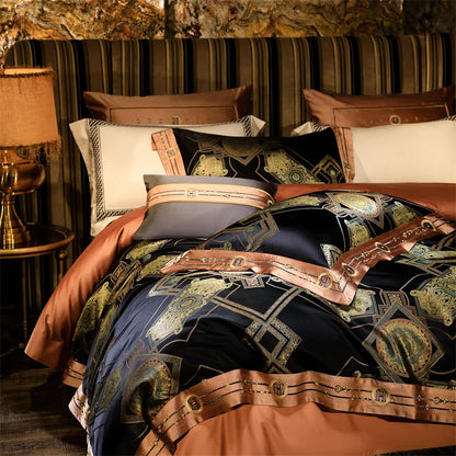 Decobites Luxury Black Gold Brocade Jacquard Cotton Bedding Set