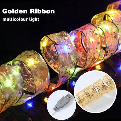 Christmas Ribbon Fairy Light String Merry Christmas Decorations For Home 2024 Xmas Tree Ornament Xmas Navidad Gift New Year 2025