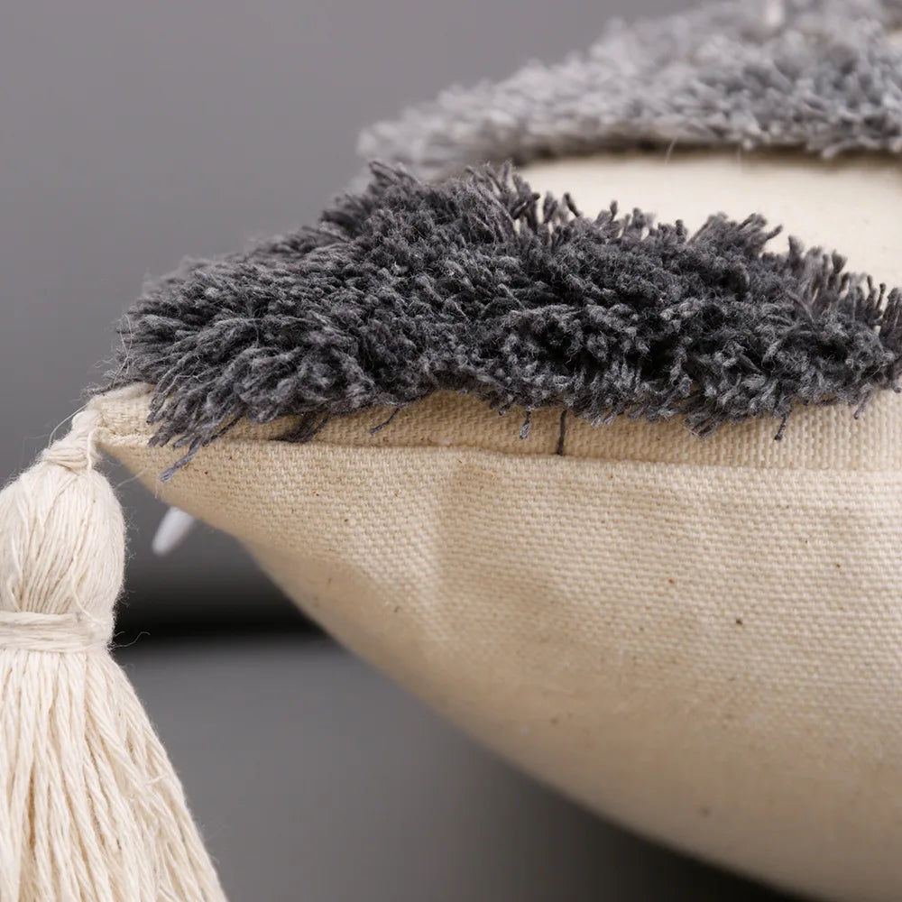 DecorBites™ Grey Geometric Tufted Cushion Cover with Fringe, Home & Car Decor Pillow Cover