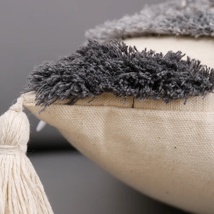 DecorBites™ Grey Geometric Tufted Cushion Cover with Fringe, Home & Car Decor Pillow Cover