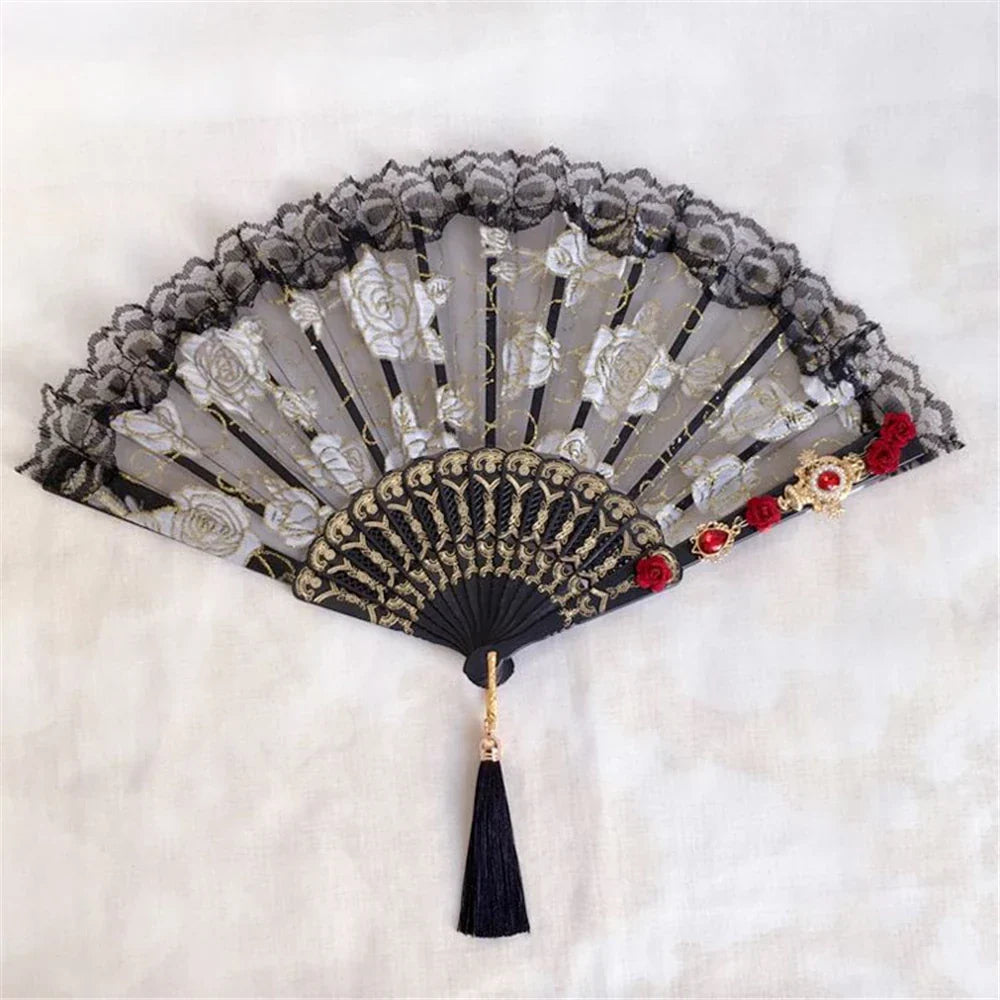 DecorBites™ Elegant Gemstone Handle Lace Fan for Dark Gothic Court Party
