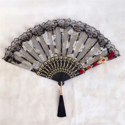 DecorBites™ Elegant Gemstone Handle Lace Fan for Dark Gothic Court Party