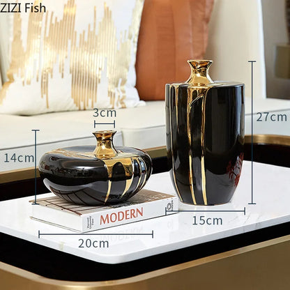 DecorBites™ Elegant Black Gold Ceramic Vase for Modern Luxury Flower Decoration
