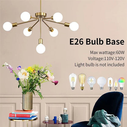 ثريا سقف نورديك DecorBites™ ذات 8 رؤوس باللون الأسود والأبيض والذهبي لديكور المنزل العصري