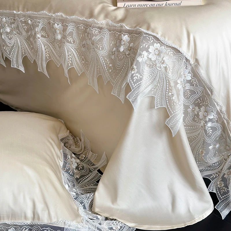 Decobites Romantic Lace Ruffles Bedding Set in Lyocell Cotton, Silky Duvet Cover, Bed Sheet, Pillowcases