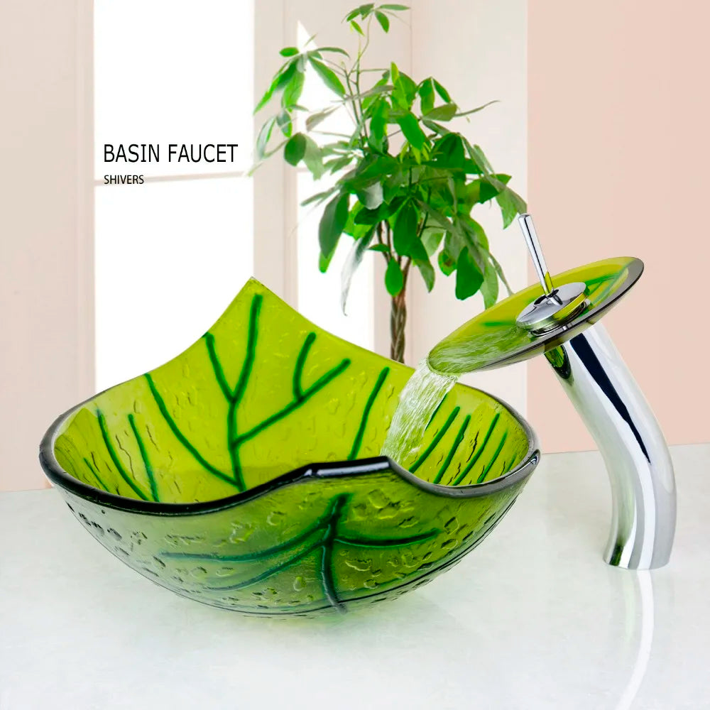 DecorBites™ Green Glass Vessel Sink Set with Waterfall Faucet - Luxury Bathroom Vanity