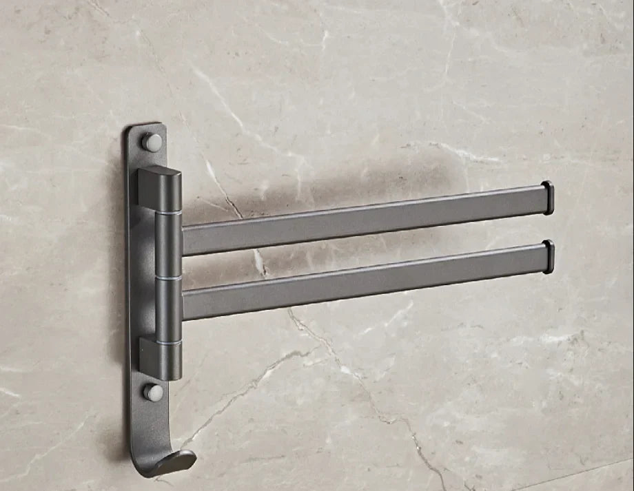Toallero giratorio de aluminio gris DecorBites™: Barra de toalla plegable de pared para baño