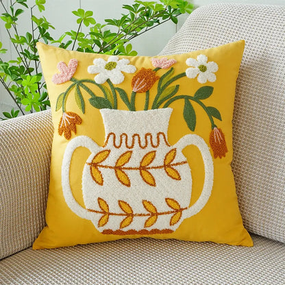 DecorBites™ Boho Floral Embroidered Canvas Cushion Cover 45*45cm for Living Room