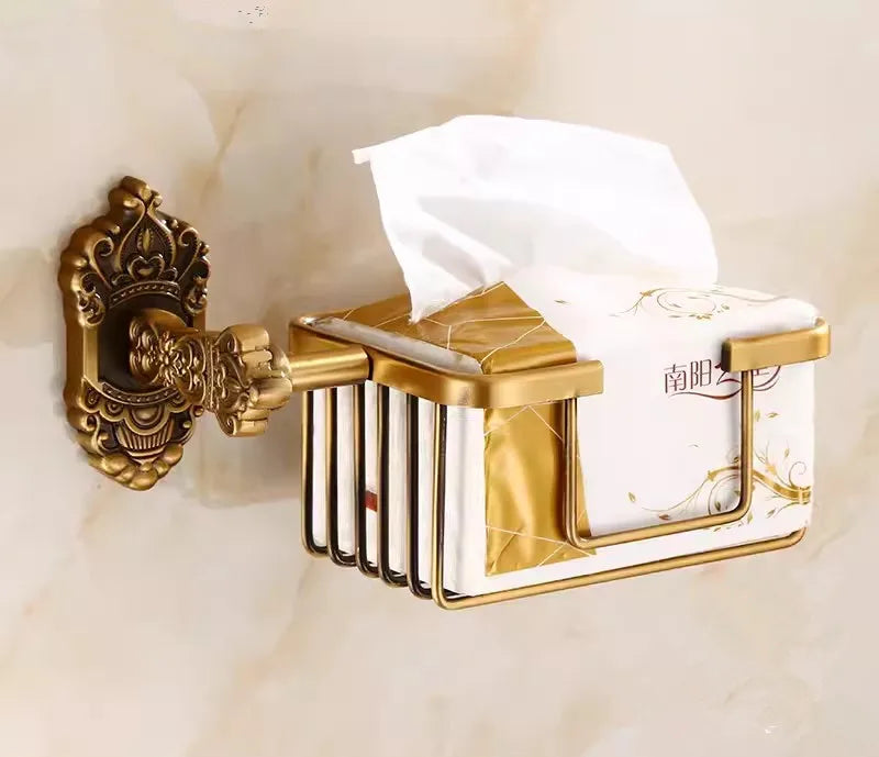 DecorBites™ Bronze Carved Bath Accessories Set: Shelf, Towel Rack, Paper Holder, Toilet Brush Holder