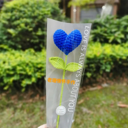 DecorBites™ Hand Woven Love Heart Yarn Crochet Flower Bouquet with Green Leafy Branch