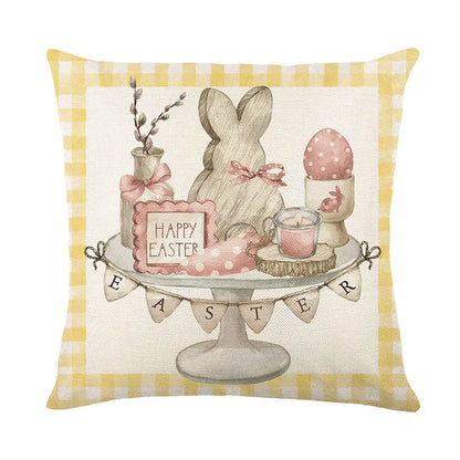 DecorBites™ Easter Bunny Rabbit Linen Cushion Cover 45x45cm - Flower Print Festival Pillowcase