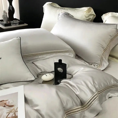 Decobites Luxury Lace Edge Bedding Set: Duvet Cover, Bed Sheet, Fitted Sheet, Pillowcases